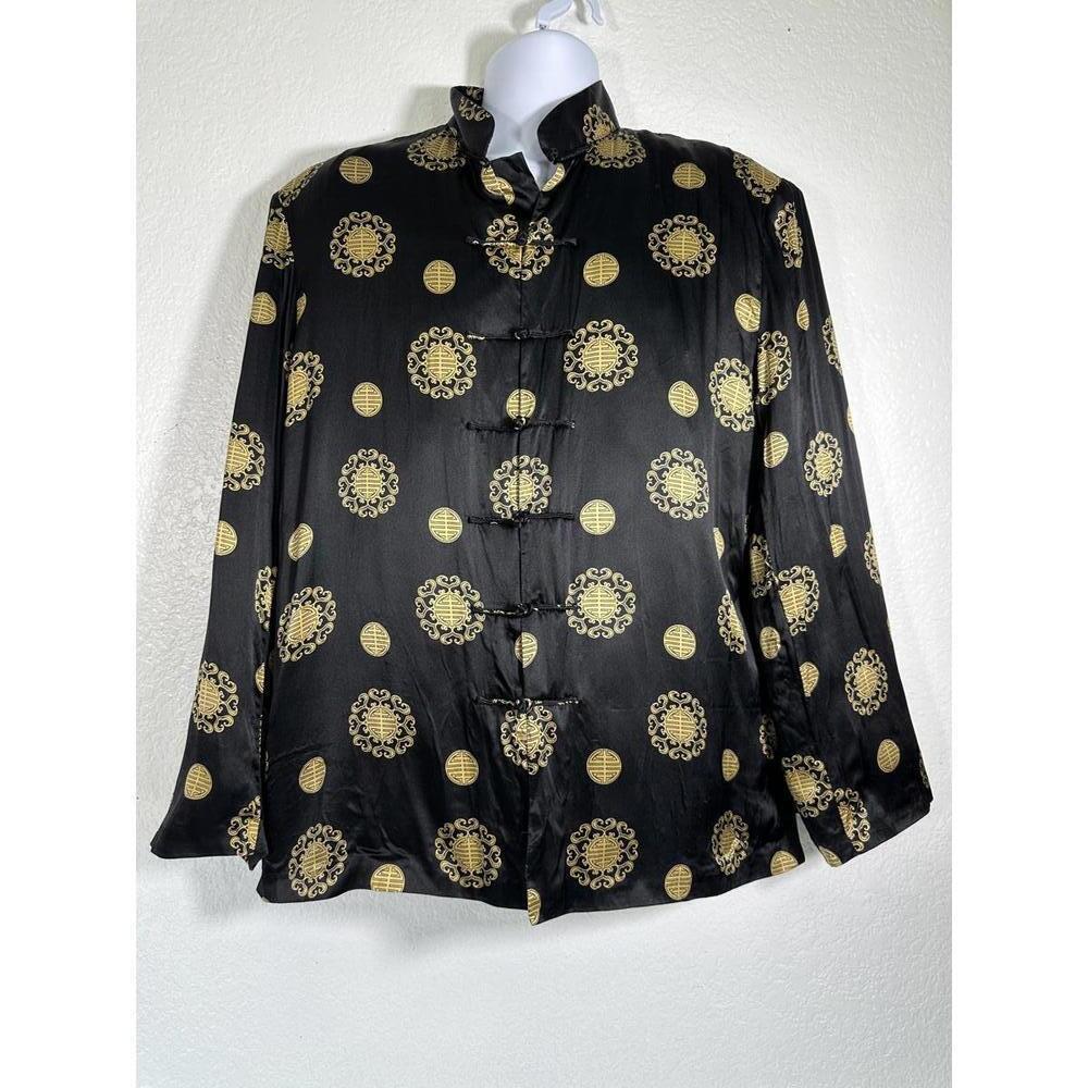 VTG Asian Inspired Men’s XXL Black Gold Silk Brocade Shirt - Picture 2 of 5